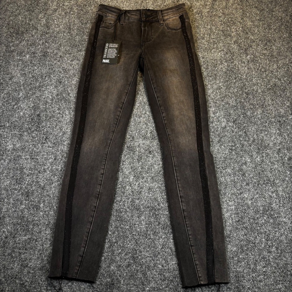 New PAIGE Verdugo Ankle Jeans Womens 23 Black Wash Glitter Stripe Skinny NWT